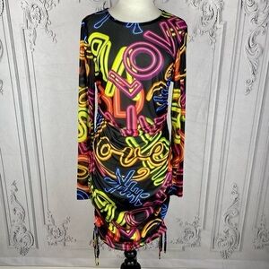 Black Letter Print Long Sleeve Mesh Mini Dress Swimsuit Coverup